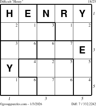 The grouppuzzles.com Difficult Henry puzzle for Saturday January 3, 2026, suitable for printing, with all 7 steps marked