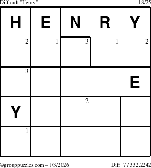 The grouppuzzles.com Difficult Henry puzzle for Saturday January 3, 2026 with the first 3 steps marked