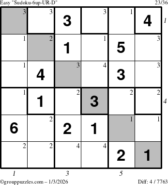 The grouppuzzles.com Easy Sudoku-6up-UR-D puzzle for Saturday January 3, 2026, suitable for printing, with all 4 steps marked