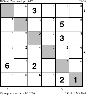 The grouppuzzles.com Difficult Sudoku-6up-UR-D puzzle for Saturday January 3, 2026 with all 8 steps marked