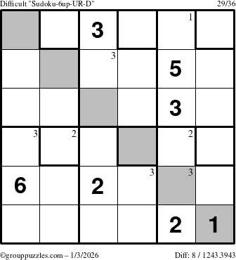 The grouppuzzles.com Difficult Sudoku-6up-UR-D puzzle for Saturday January 3, 2026 with the first 3 steps marked