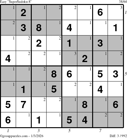 The grouppuzzles.com Easy SuperSudoku-8 puzzle for Saturday January 3, 2026, suitable for printing, with all 3 steps marked