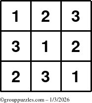 The grouppuzzles.com Answer grid for the TicTac-123 puzzle for Saturday January 3, 2026