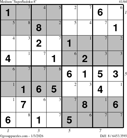 The grouppuzzles.com Medium SuperSudoku-8 puzzle for Saturday January 3, 2026, suitable for printing, with all 8 steps marked