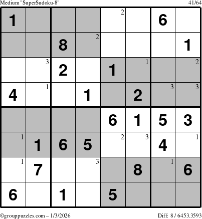 The grouppuzzles.com Medium SuperSudoku-8 puzzle for Saturday January 3, 2026 with the first 3 steps marked