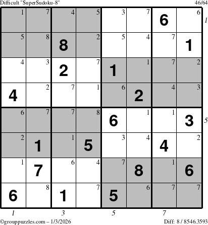 The grouppuzzles.com Difficult SuperSudoku-8 puzzle for Saturday January 3, 2026 with all 8 steps marked