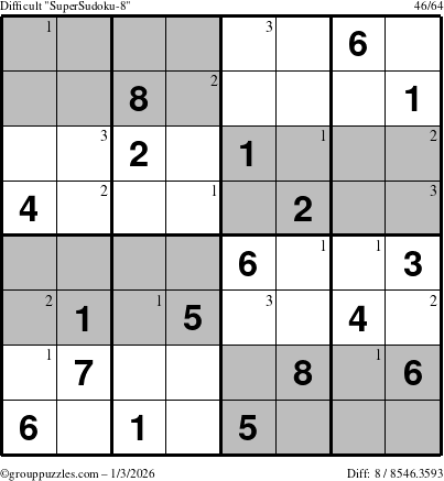 The grouppuzzles.com Difficult SuperSudoku-8 puzzle for Saturday January 3, 2026 with the first 3 steps marked