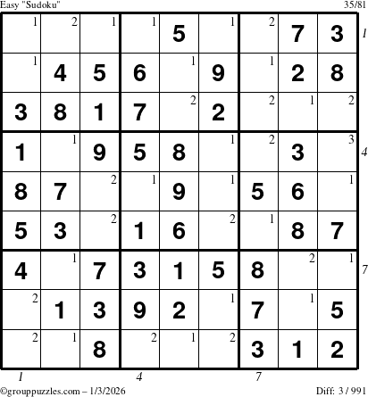 The grouppuzzles.com Easy Sudoku puzzle for Saturday January 3, 2026 with all 3 steps marked