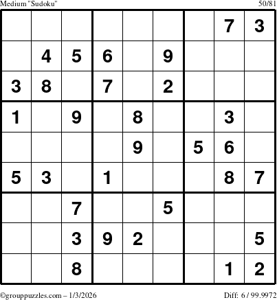 The grouppuzzles.com Medium Sudoku puzzle for Saturday January 3, 2026