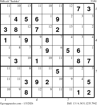 The grouppuzzles.com Difficult Sudoku puzzle for Saturday January 3, 2026, suitable for printing, with all 13 steps marked