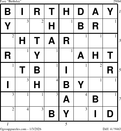 The grouppuzzles.com Easy Birthday puzzle for Saturday January 3, 2026 with all 4 steps marked