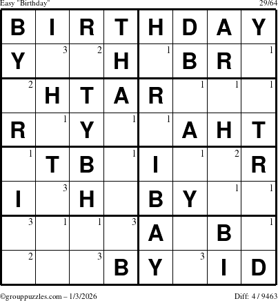The grouppuzzles.com Easy Birthday puzzle for Saturday January 3, 2026 with the first 3 steps marked