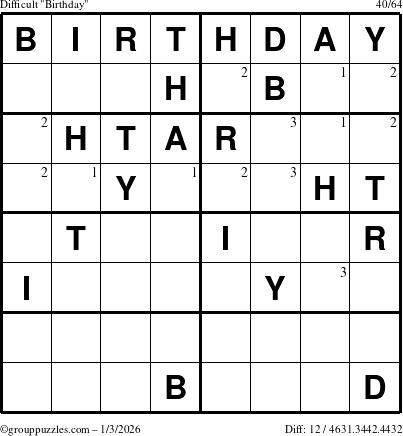 The grouppuzzles.com Difficult Birthday puzzle for Saturday January 3, 2026 with the first 3 steps marked