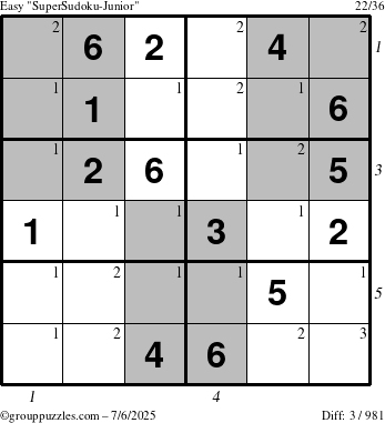 The grouppuzzles.com Easy SuperSudoku-Junior puzzle for Sunday July 6, 2025 with all 3 steps marked