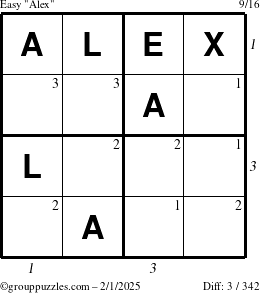 The grouppuzzles.com Easy Alex puzzle for Saturday February 1, 2025 with all 3 steps marked