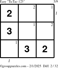 The grouppuzzles.com Easy TicTac-123 puzzle for Saturday February 1, 2025 with all 2 steps marked