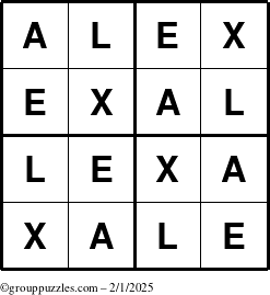 The grouppuzzles.com Answer grid for the Alex puzzle for Saturday February 1, 2025