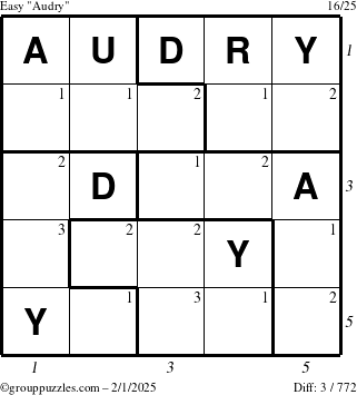 The grouppuzzles.com Easy Audry puzzle for Saturday February 1, 2025 with all 3 steps marked