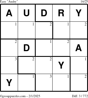 The grouppuzzles.com Easy Audry puzzle for Saturday February 1, 2025 with the first 3 steps marked