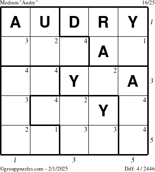 The grouppuzzles.com Medium Audry puzzle for Saturday February 1, 2025 with all 4 steps marked