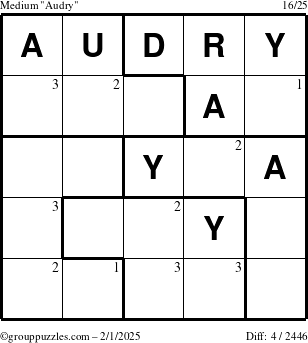 The grouppuzzles.com Medium Audry puzzle for Saturday February 1, 2025 with the first 3 steps marked