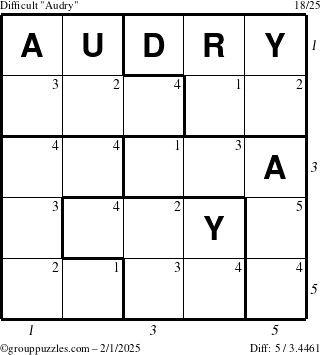 The grouppuzzles.com Difficult Audry puzzle for Saturday February 1, 2025 with all 5 steps marked