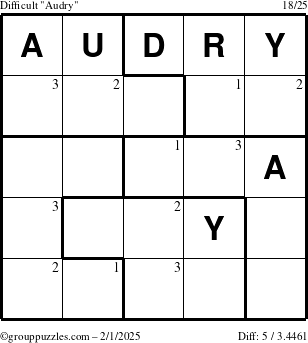 The grouppuzzles.com Difficult Audry puzzle for Saturday February 1, 2025 with the first 3 steps marked