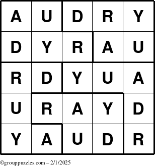 The grouppuzzles.com Answer grid for the Audry puzzle for Saturday February 1, 2025