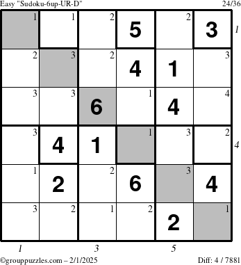 The grouppuzzles.com Easy Sudoku-6up-UR-D puzzle for Saturday February 1, 2025 with all 4 steps marked