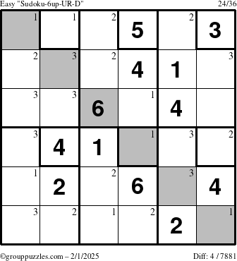 The grouppuzzles.com Easy Sudoku-6up-UR-D puzzle for Saturday February 1, 2025 with the first 3 steps marked