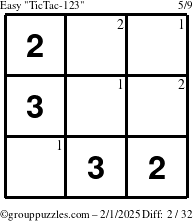 The grouppuzzles.com Easy TicTac-123 puzzle for Saturday February 1, 2025 with the first 2 steps marked