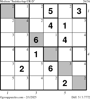 The grouppuzzles.com Medium Sudoku-6up-UR-D puzzle for Saturday February 1, 2025, suitable for printing, with all 5 steps marked