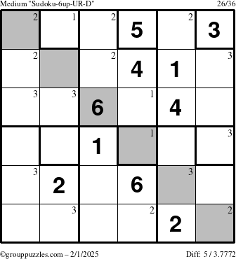 The grouppuzzles.com Medium Sudoku-6up-UR-D puzzle for Saturday February 1, 2025 with the first 3 steps marked