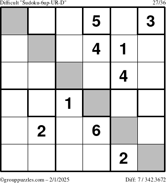 The grouppuzzles.com Difficult Sudoku-6up-UR-D puzzle for Saturday February 1, 2025