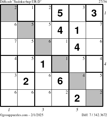 The grouppuzzles.com Difficult Sudoku-6up-UR-D puzzle for Saturday February 1, 2025 with all 7 steps marked