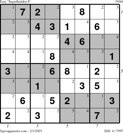 The grouppuzzles.com Easy SuperSudoku-8 puzzle for Saturday February 1, 2025 with all 4 steps marked