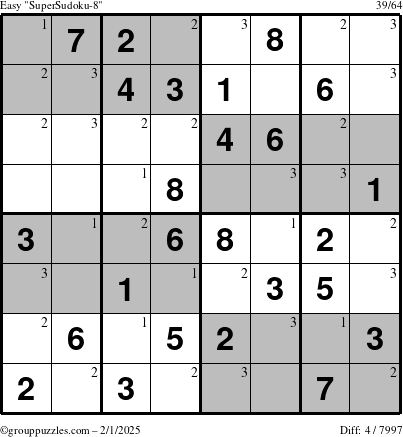 The grouppuzzles.com Easy SuperSudoku-8 puzzle for Saturday February 1, 2025 with the first 3 steps marked