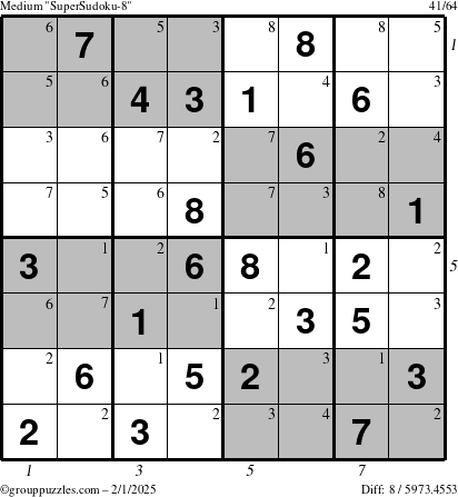 The grouppuzzles.com Medium SuperSudoku-8 puzzle for Saturday February 1, 2025, suitable for printing, with all 8 steps marked