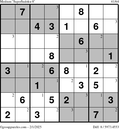 The grouppuzzles.com Medium SuperSudoku-8 puzzle for Saturday February 1, 2025 with the first 3 steps marked