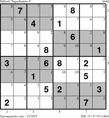 The grouppuzzles.com Difficult SuperSudoku-8 puzzle for Saturday February 1, 2025 with all 10 steps marked