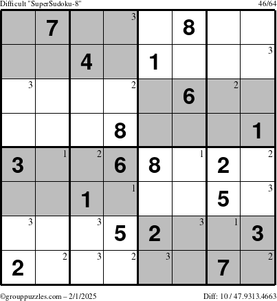 The grouppuzzles.com Difficult SuperSudoku-8 puzzle for Saturday February 1, 2025 with the first 3 steps marked