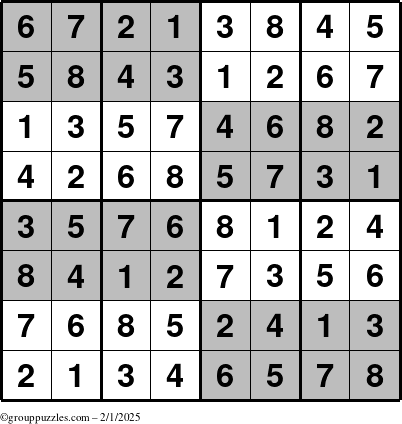 The grouppuzzles.com Answer grid for the SuperSudoku-8 puzzle for Saturday February 1, 2025