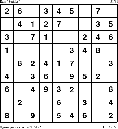 The grouppuzzles.com Easy Sudoku puzzle for Saturday February 1, 2025