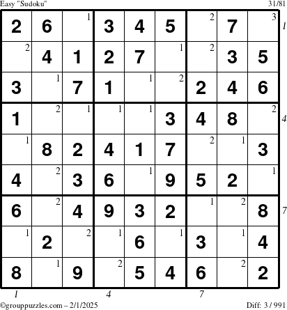 The grouppuzzles.com Easy Sudoku puzzle for Saturday February 1, 2025, suitable for printing, with all 3 steps marked