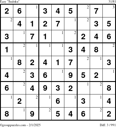 The grouppuzzles.com Easy Sudoku puzzle for Saturday February 1, 2025 with the first 3 steps marked