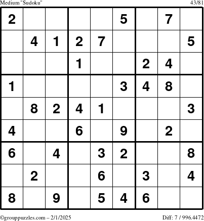 The grouppuzzles.com Medium Sudoku puzzle for Saturday February 1, 2025