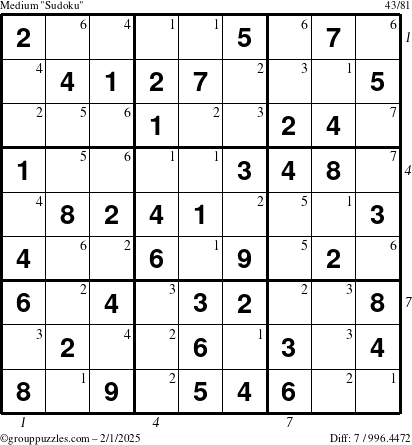 The grouppuzzles.com Medium Sudoku puzzle for Saturday February 1, 2025, suitable for printing, with all 7 steps marked