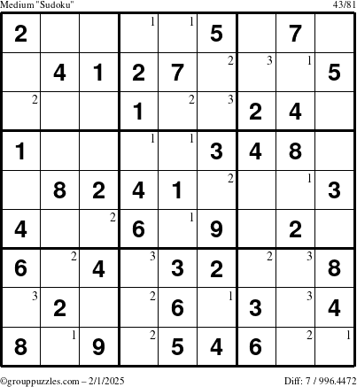 The grouppuzzles.com Medium Sudoku puzzle for Saturday February 1, 2025 with the first 3 steps marked