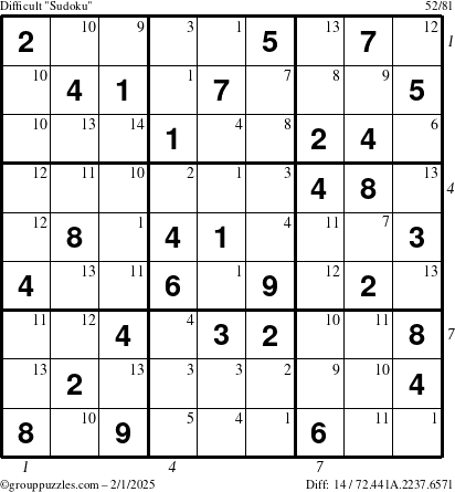 The grouppuzzles.com Difficult Sudoku puzzle for Saturday February 1, 2025 with all 14 steps marked