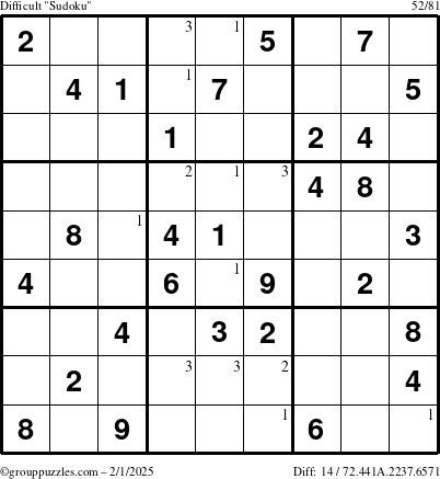 The grouppuzzles.com Difficult Sudoku puzzle for Saturday February 1, 2025 with the first 3 steps marked